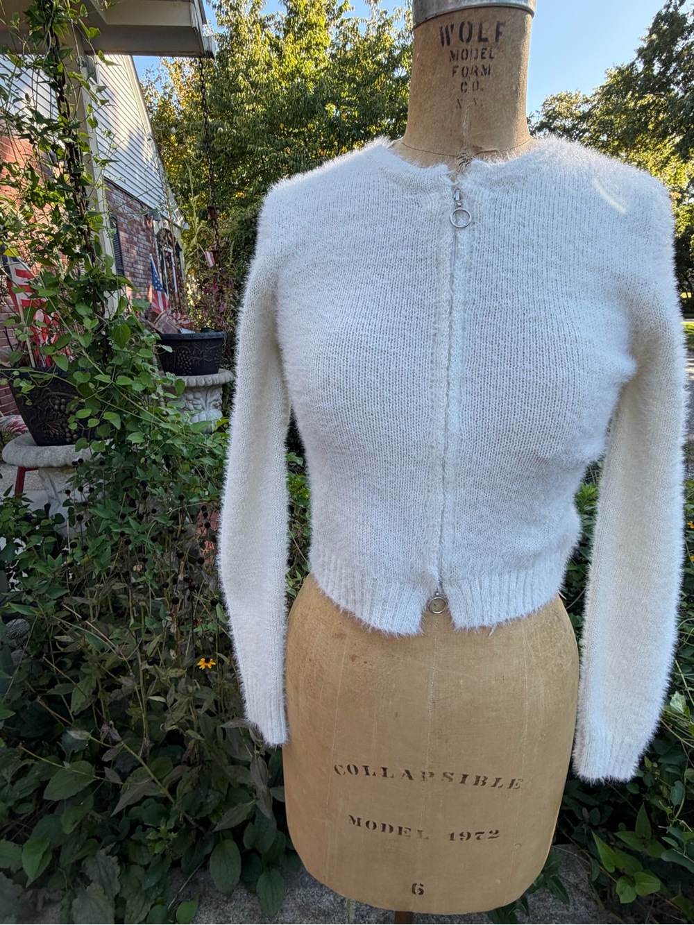 Cropped White Fuzzy Zip-Front Women's Cardigan
